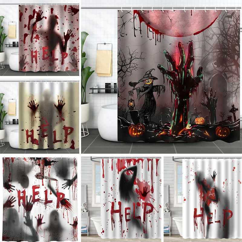 Halloween Theme Shower Curtain Horror Bloody Hands Bathroom Curtains with Hooks 3D Printed Decor Shower Screen Waterproof Fabric