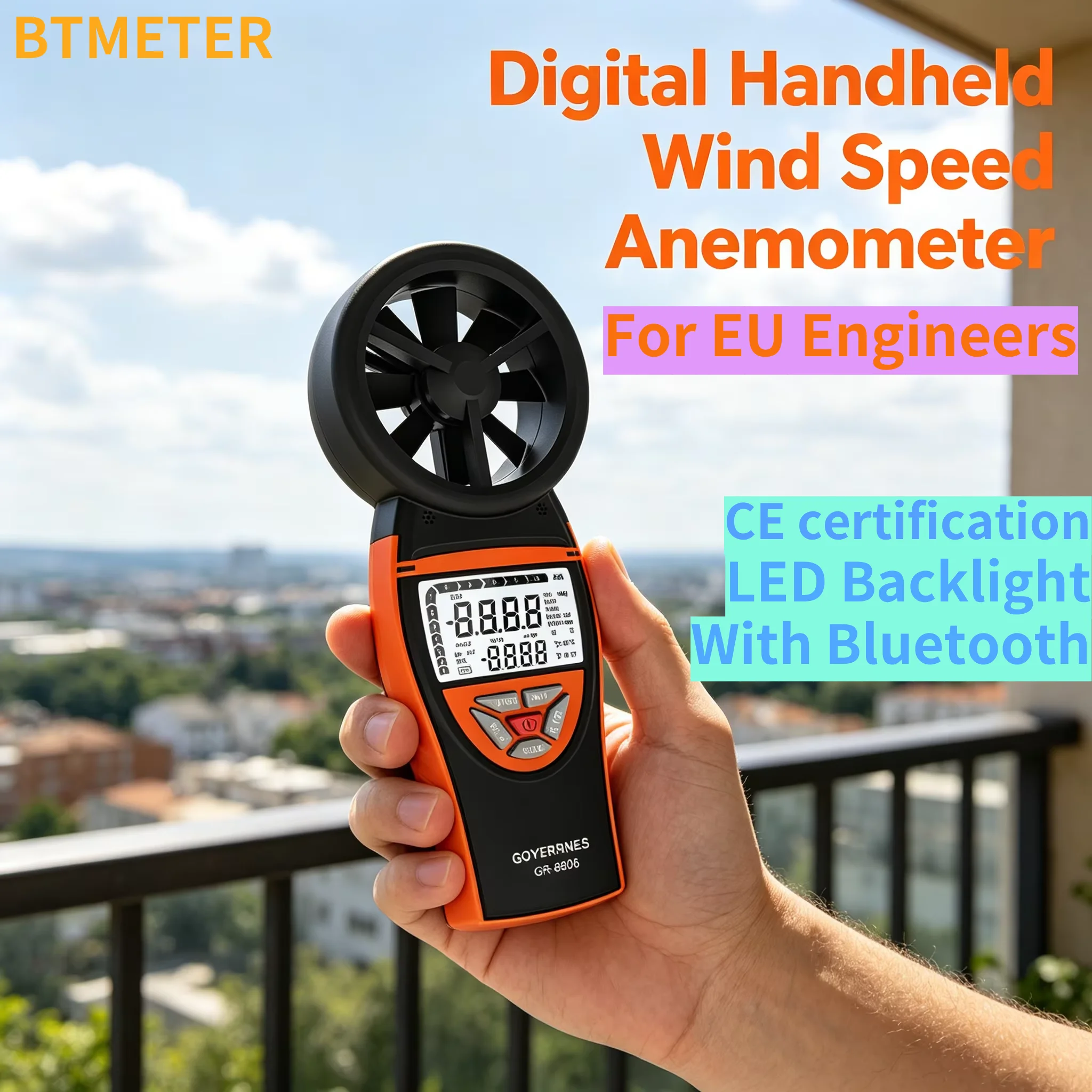 Anemometro 1-65mph ±2% Wind Speed Meter, Handheld CFM Gauge with Temp Humidity, 400mAh Rechargeable For EU Electrical HVAC Drone