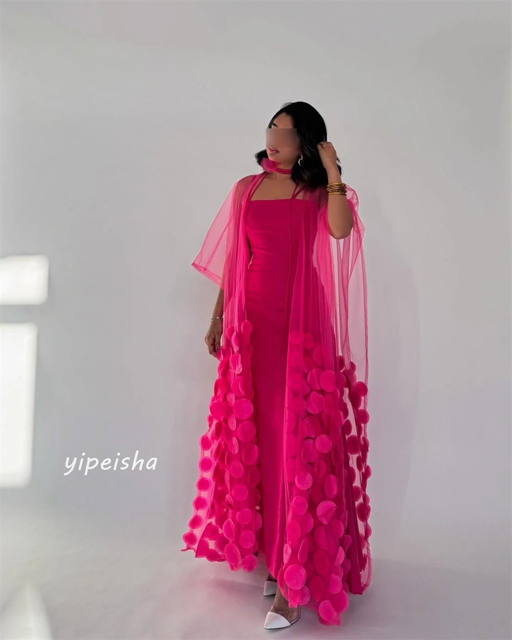 Customized Jersey Applique Draped Pleat Celebrity Sheath Spaghetti Strap Bespoke Occasion Gown Midi Dresses