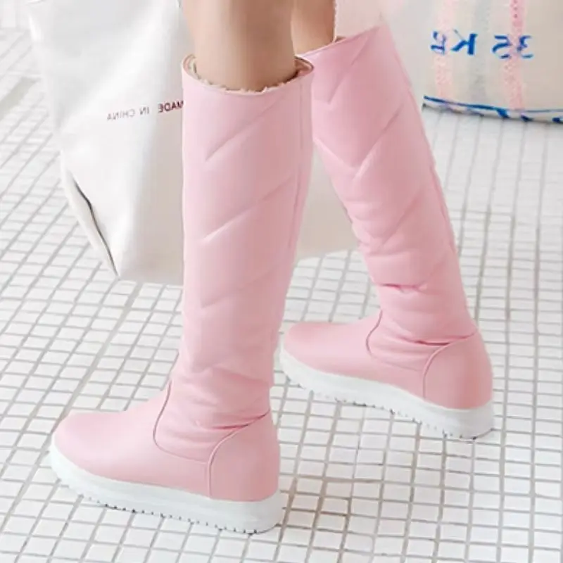 

Women's Winter High Knee Boots 2024 Black White Pink Warm Fur Plush Snow Boot Flats Fashion Long Rain Shoes Girls Waterproof