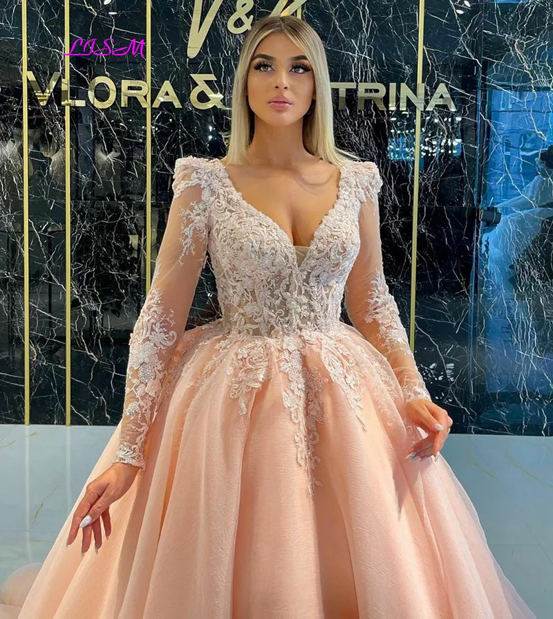 Robe de soirée à manches longues pour femmes, tenue de bal Sexy, col en v, manches longues, arabe, avec des Appliques en dentelle