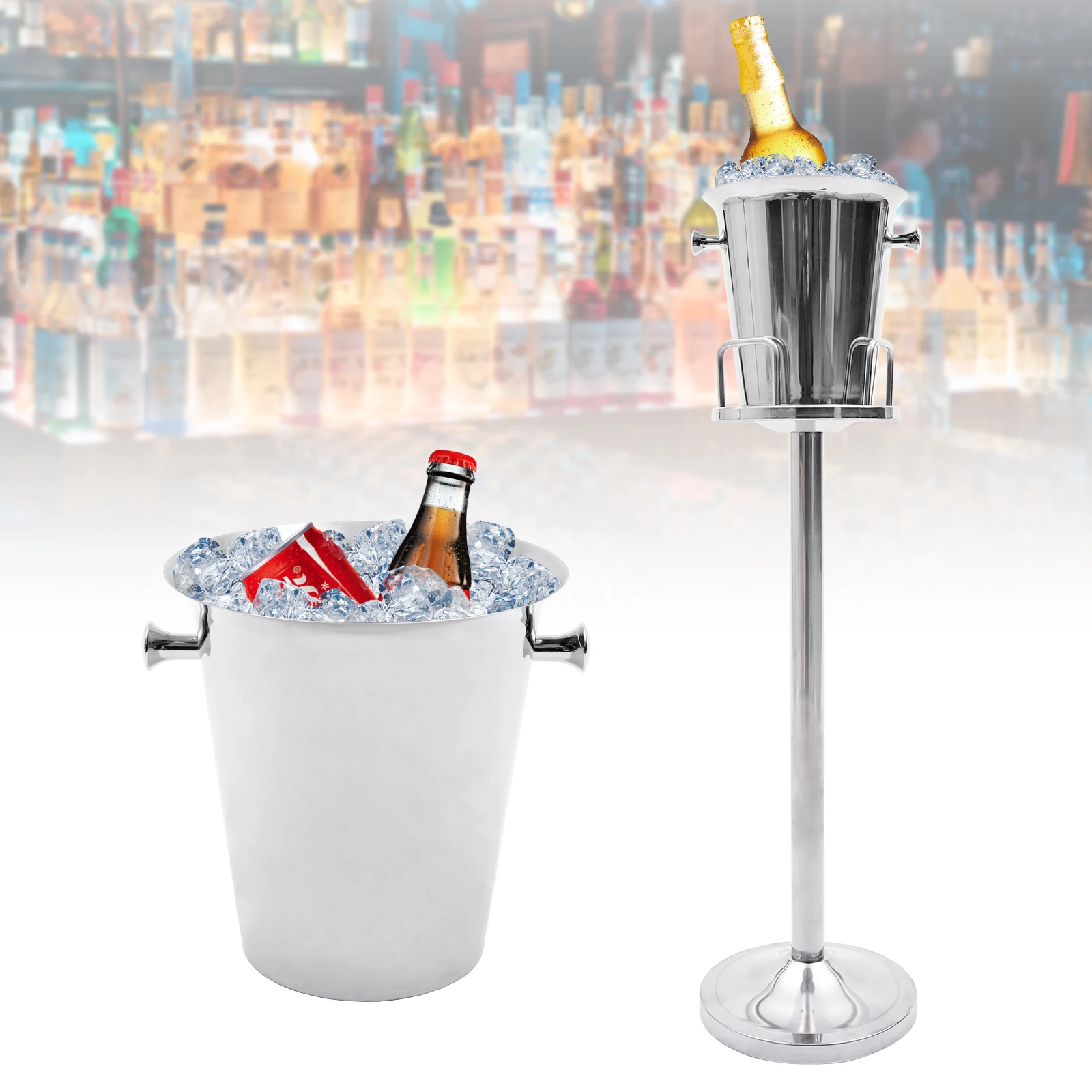 5L Stainless Steel Standing Ice Bucket Rack Cube Container Cooler Chiller w/ Carrying Handle for Family Bar Club Cold Drink Shop