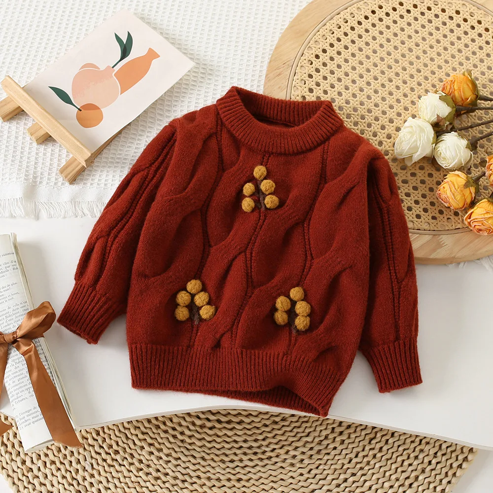 2025 Winter New children's sweaters, Girls' knitted sweaters with fleece and thickened layers, fashionable pullover base layer