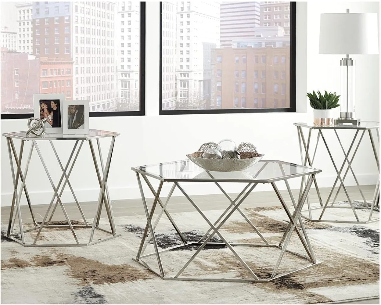 Signature Design by Ashley Madanere Modern Chrome 3-Piece Occasional Table Set, Includes Coffee Table and 2 End Tables, Silver