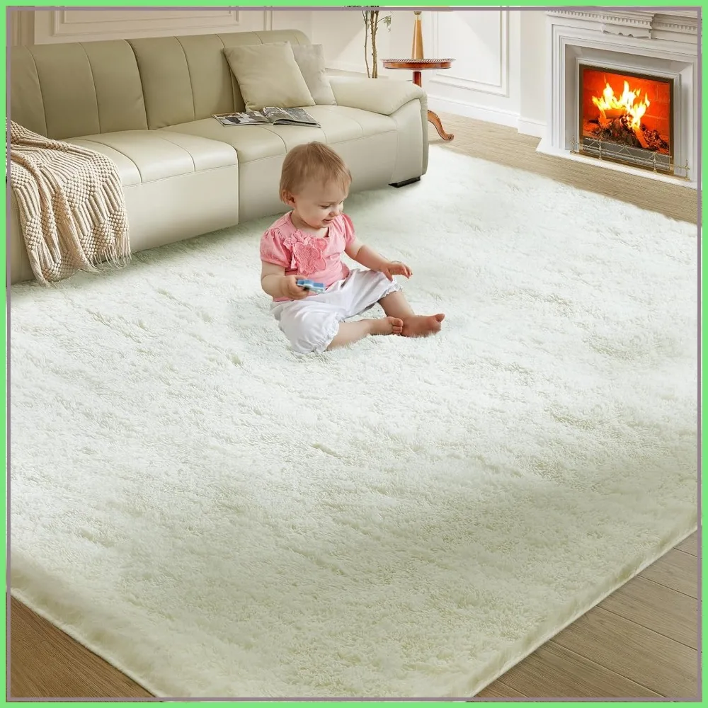

Ultra Soft Shag Area Rug 8x10, Fluffy Carpet for Living Room Bedroom, Cream White, Anti-Slip