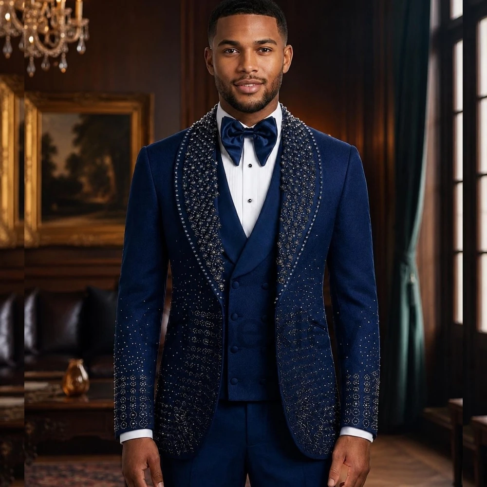 Olibexley Luxury Royal Blue 3 Piece Men's Suit Set Tuxedo Wedding Shiny Rhinestone Beaded Blazer Prom Pants Customized S418