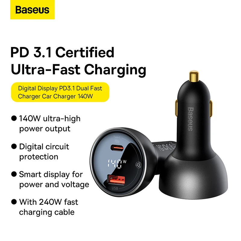 Baseus 140W PD 3.1 Car Charger Fast Charging QC 3.0 Quick Charge For Macbook Laptop USB Type C Car Phone Charger For iPhone 14