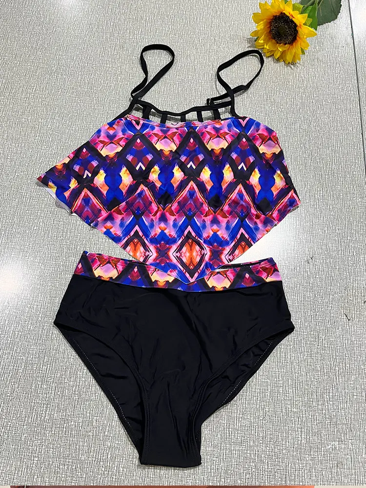 Color Tribal Print Hollow Out Tankini Set