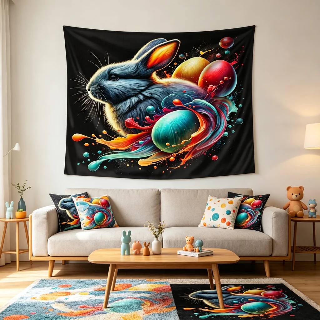 1PC Colorful Rabbit Egg Art Print Backdrop Banner, Bedroom Living Room Photo Background, Polyester, Home Decor, Wall Art
