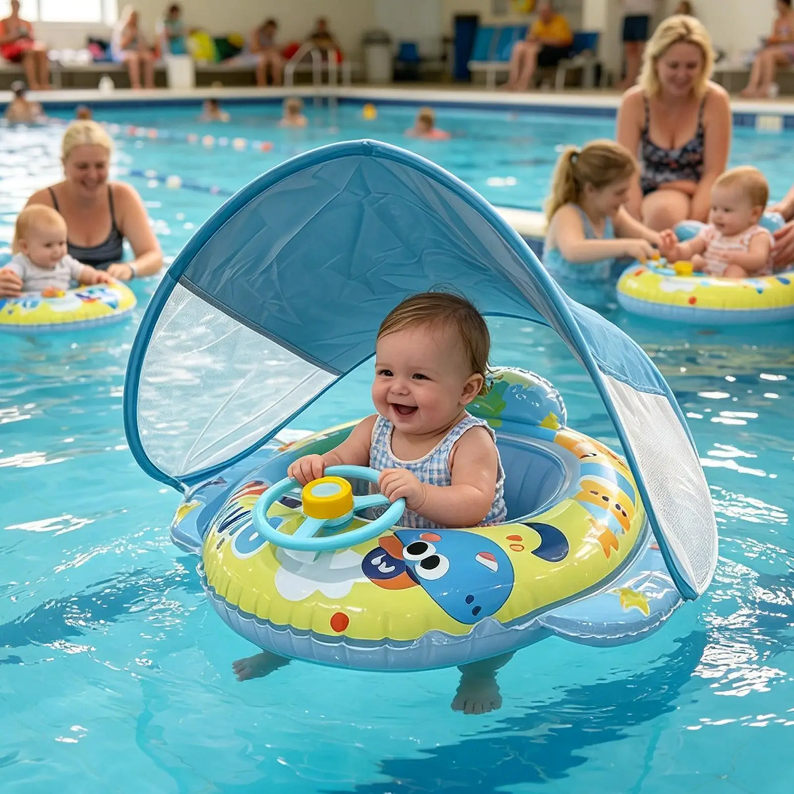 PVC Upgraded Inflatable Baby Pool Float with Canopy and Anti-Tip Seat Float Swim Trainer Leak-proof for Toddler Aged 6-36 Months