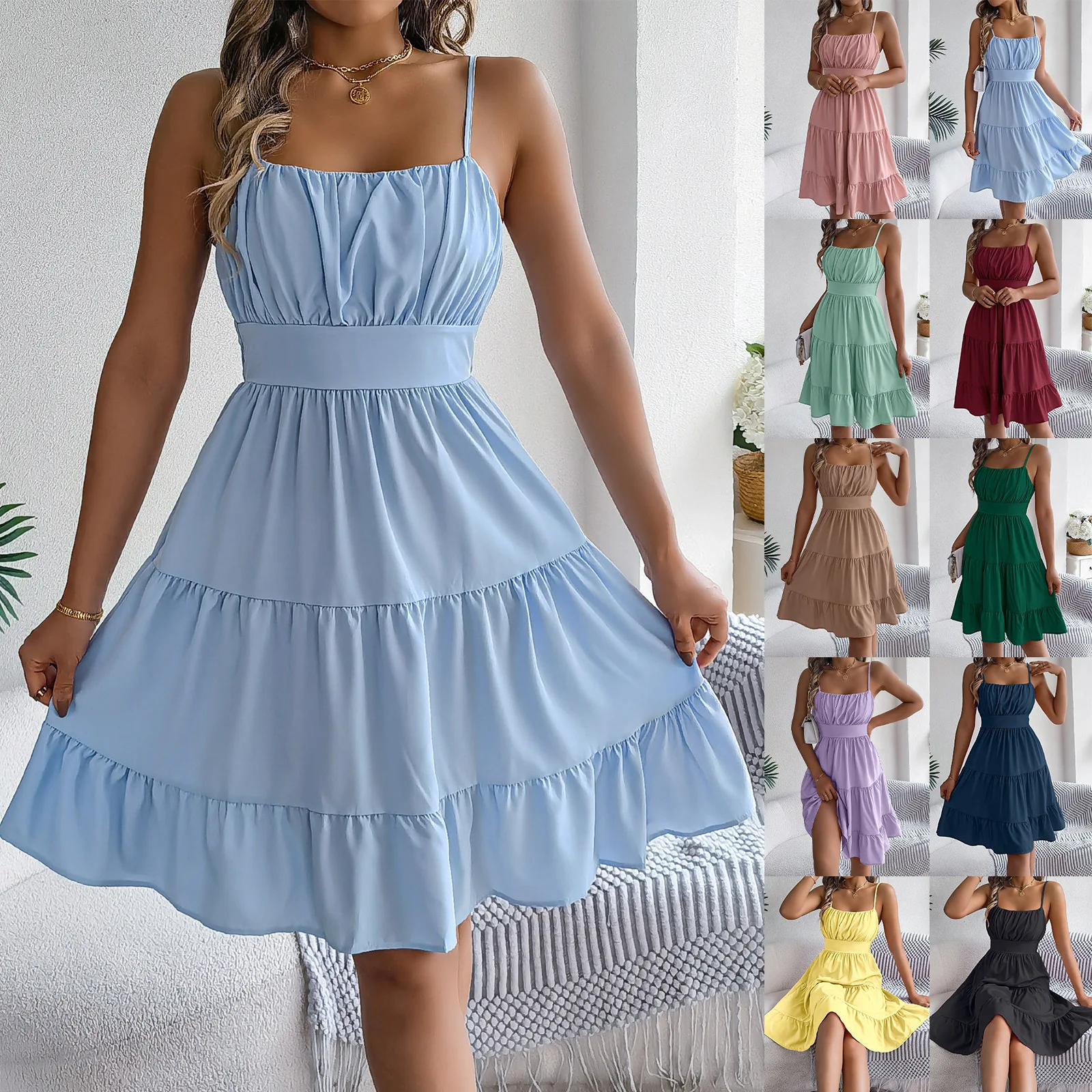 Lässiges Urlaubskleid mit Rüschen, Frühling/Sommer Damenkleid in Unifarben für den Valentinstag 2026, Damenbekleidung in Rosa und Blau