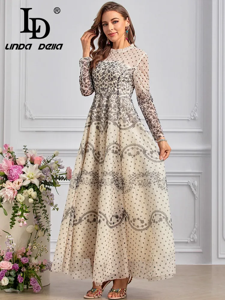 LD LINDA DELLA 2024 Summer Fashion Dress Women Bohemian Polka Dot Floral Print Chiffon Net Yarn Temperament Dresses Sizes S-4XL