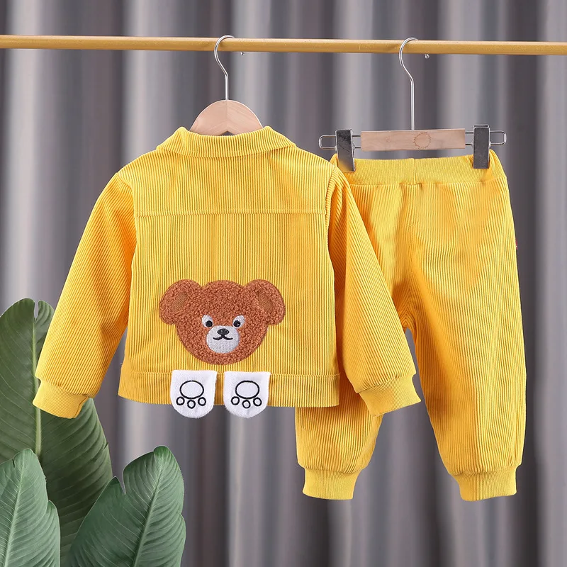 Children\'s Clothing Suit spring autumn BoyThree-Piece T-shirt+Cartoon Bearcorduroy coat+Trousers Korean child 0-5Y Baby Bby Suit