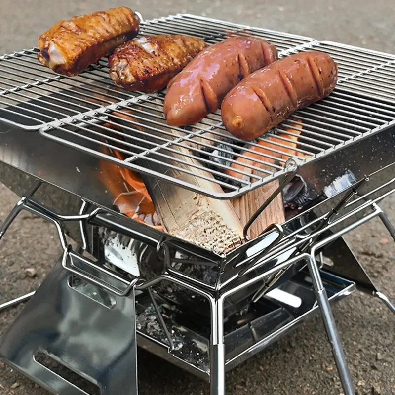 Folding Grill Fire Pit Outdoor Table Camping Stove Stainless Steel Foldable Barbecue With A Charcoal Rack Grill