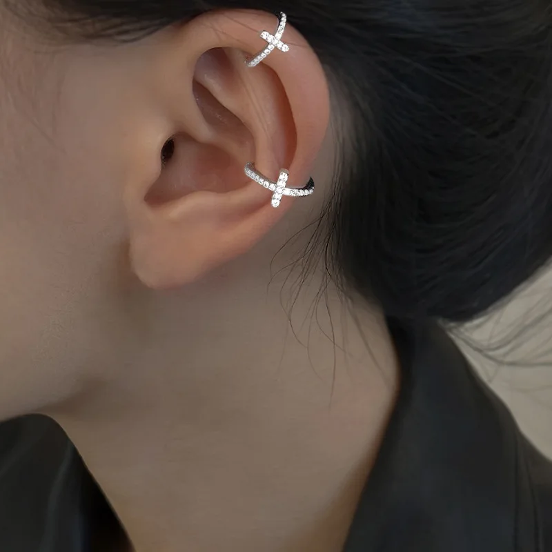 Cross Shaped False Perforated Earrings Silver Color Cartilage Clip Women's Jewelry Earrings 2026 Fashion and Girl Gift