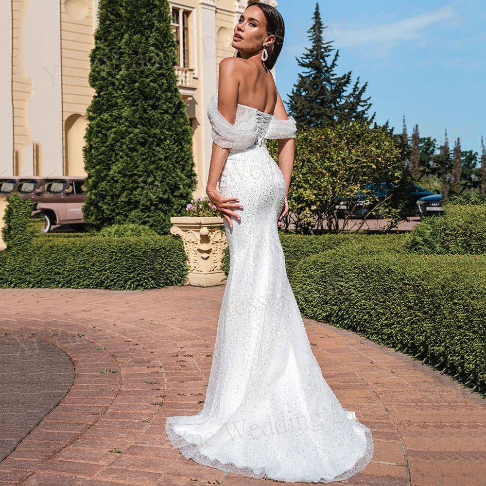 Eleganckie błyszczące syrenki wykwintne suknie ślubne ładne z ramienia sznurowane suknie panny młodej Sexy Backless Vestidos Femenino