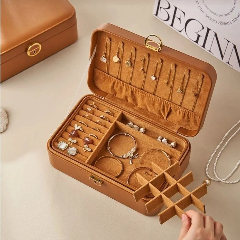 

PU Leather Jewelry Storage Box Large Capacity Waterproof Jewellery Display Case Locked Double Layer Jewelry Storage Case