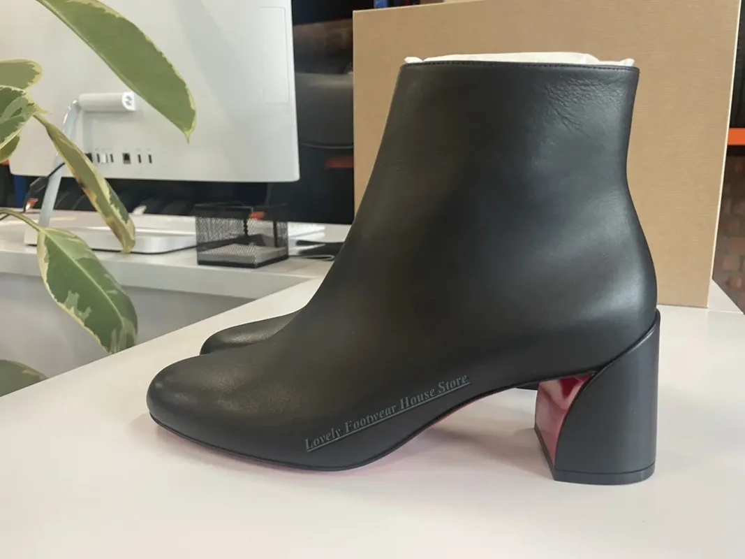 

Fashionable Woman Black Leather Ankle Boots Square Heels Pointed Toe Female Side Zipper Short Boots Shoes