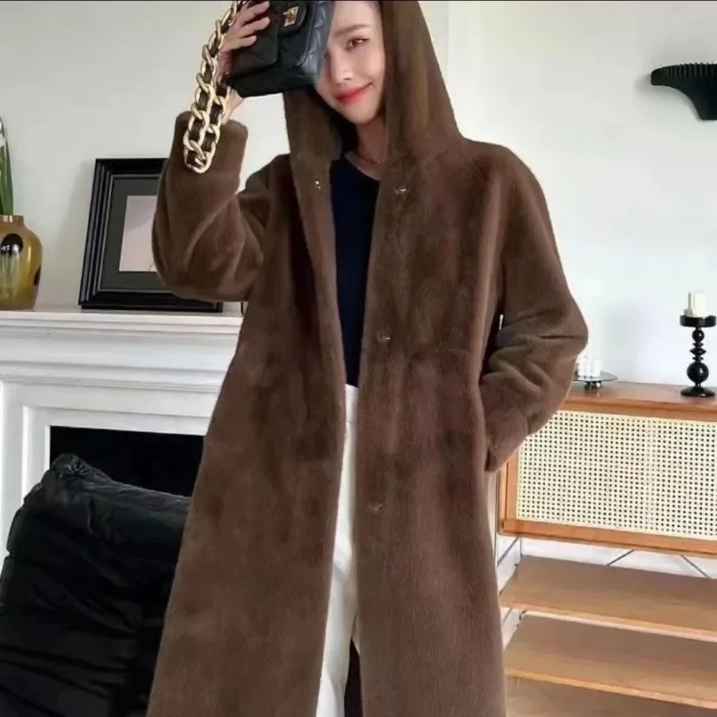 Mink Hooded Medium Long Winter New Mink Jacket with National StyleThickened with Hat Fluff Autumn Winter Anti-season Clearance