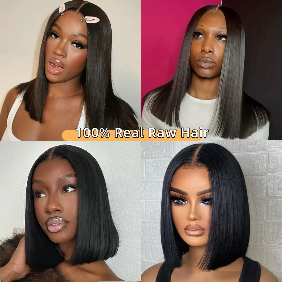 Natural Black Bob Wig Human Hair Blunt Cut Bone Straight 13x4 Transparent Lace Front Wig Ear to Ear Shoulder Length Straight Bob Wigs For Women 250% 280% Density image 7
