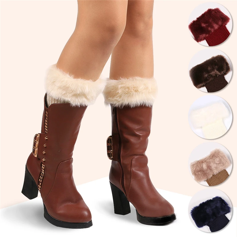 Women Winter Leg Warmers Lady Crochet Knit Faux Fur Trim Leg Boot Socks Toppers Cuffs Knitted Foot Cover Crochet Boots Cuffs Top