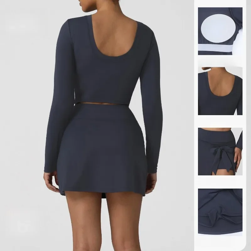 

Женский спортивный комплект, одежда для йоги, комплект из 2 предметов, одежда для спортзала и фитнеса, теннисная юбка с топом с длинными рукавами, одежда для бега и танцев