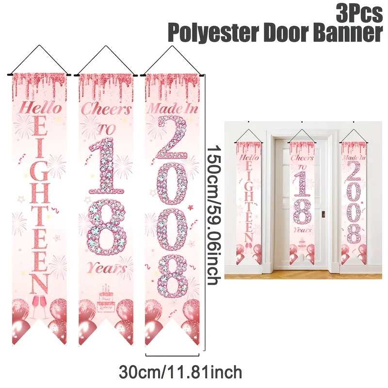 2D Flat 18th Birthday Door Banner 3-Pack, Pink Balloon & Mermaid Tail, Indoor Outdoor Home Porch Room Party Decoration