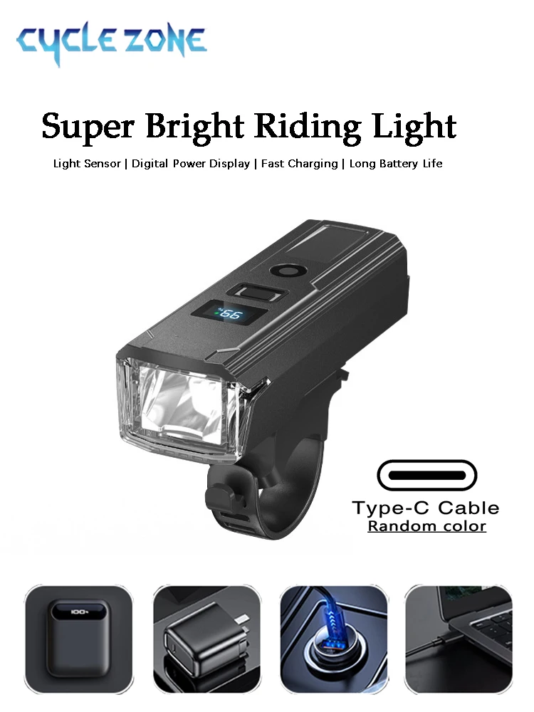 

Lighting Sensor Bicycle Front Light Digital Display MTB Road Bike Handlebar Headlight Rechargeable 5 Lighting Modes Cycling Lamp