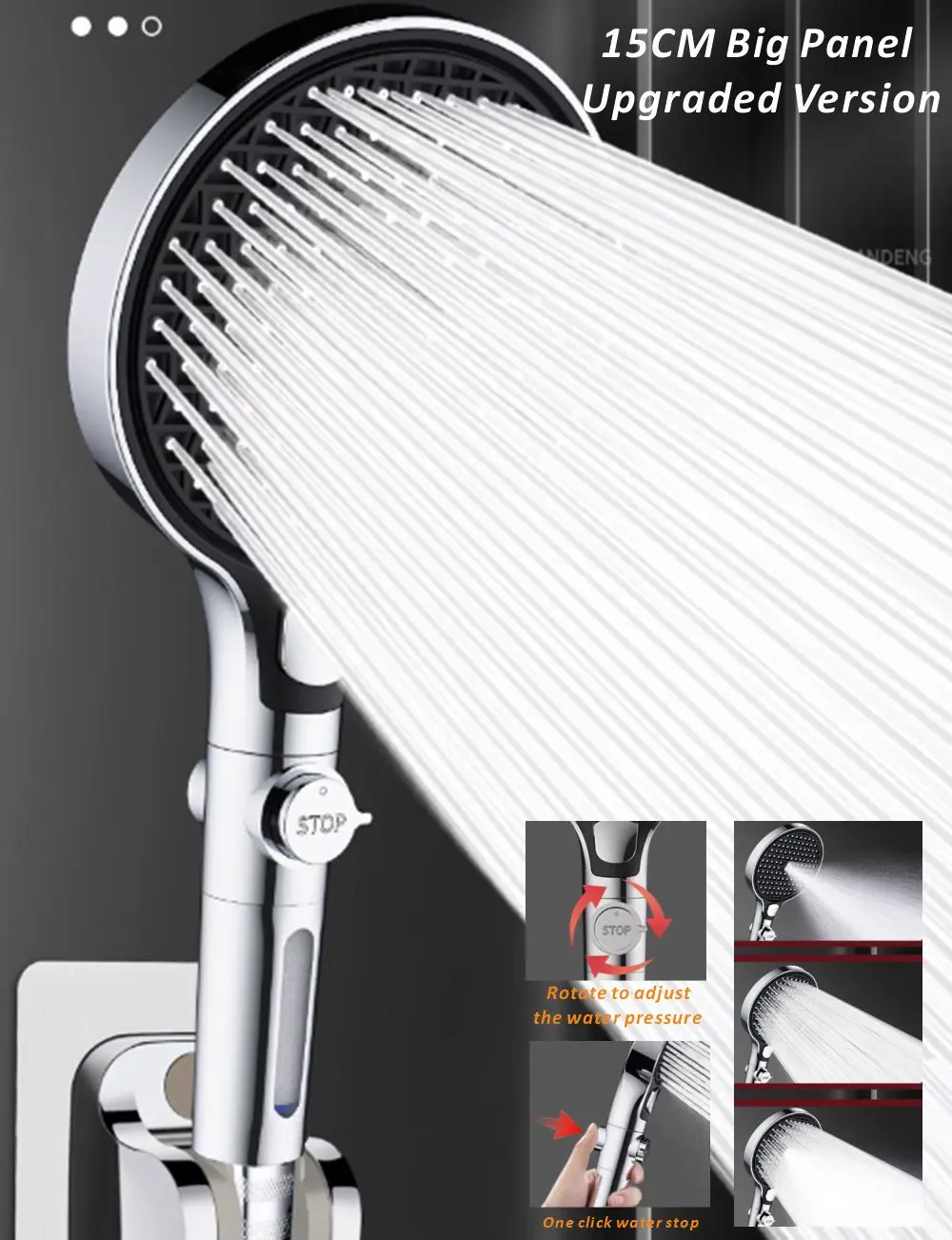 

New Upgraded 15CM Big Panel High Pressure Shower Head With Filter 3 Modes Large Flow Spray One-Key Stop Bathroom Accessories