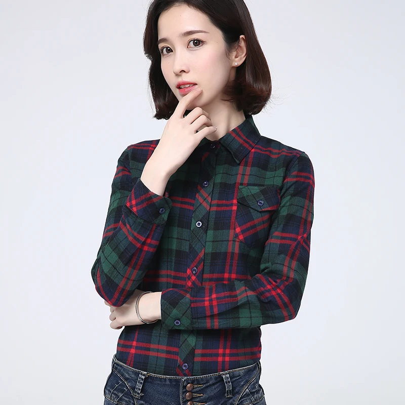 Casual Flannel Plaid Shirt Women 2024 Autumn New Women\'s Slim College Style Shirts & Blouses Lady  Fresh Checked Tops Clothes