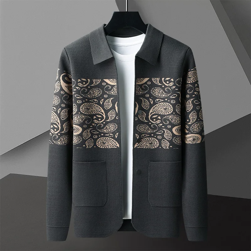 High end luxury fashion jacquard knitted cardigan men's 2024 autumn new trend European American cashew flower sweater shawl coat