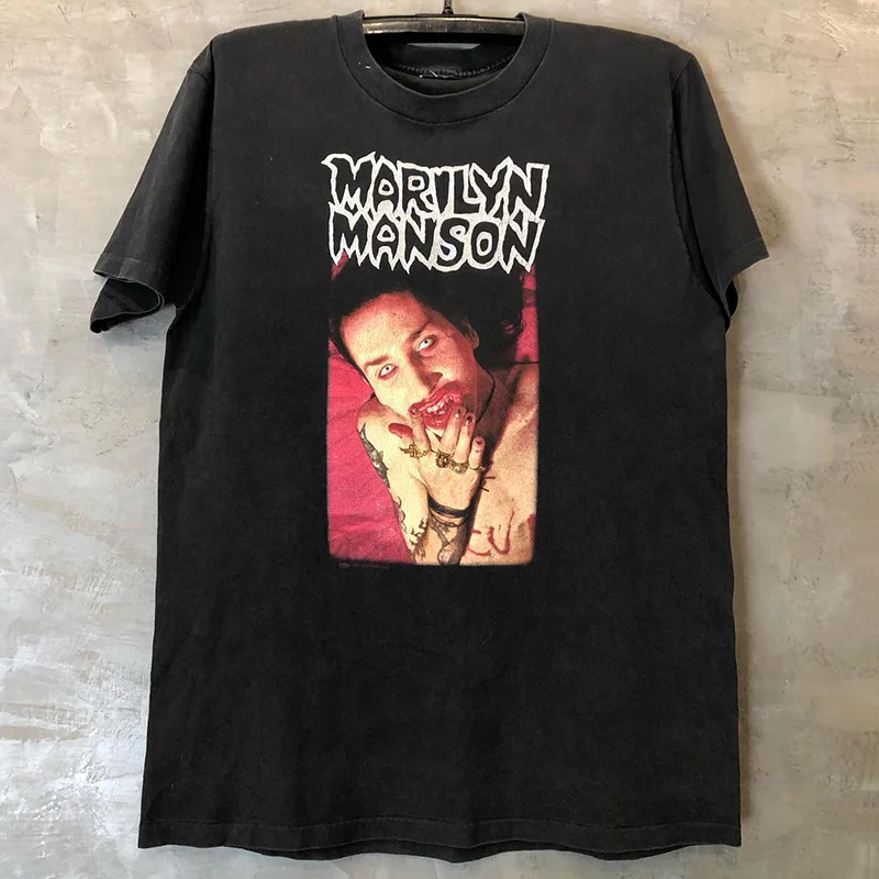 Marilyn Manson Vintage High Street Vibe Loose Short Sleeve T-Shirt Unisex Fashionable Cotton Top for Youth round Neck Print
