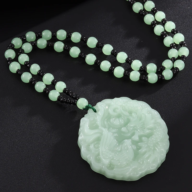 Retro Ethnic Style Auspicious Round Jade Carving Dragon and Phoenix Pendant Necklace Men and Women Lucky Trendy Jewelry Gift