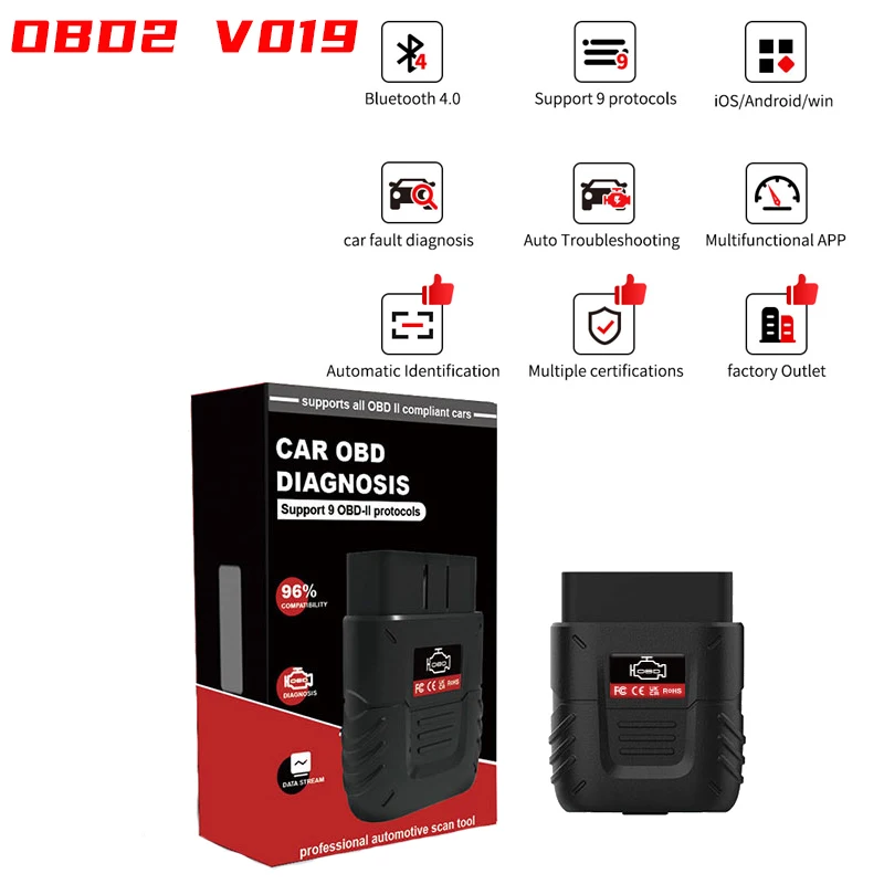 

V019 Bluetooth 4.0 Scanner OBD2 for Android/Windows/iOS Car Fault Detector Engine Diagnostic Tool with Real-time Data Reading
