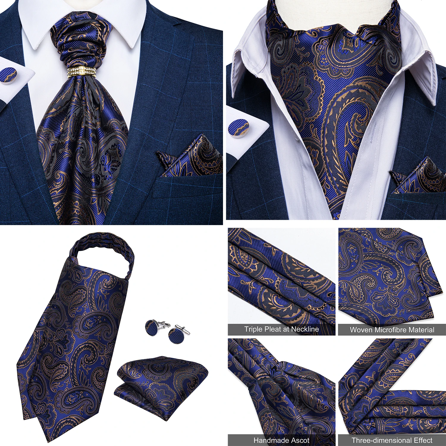 Luxury Men Green Blue Paisley Ascot Tie Set Solid Necktie Ring Wedding Party Cravat Purple Ties Pocket Sqaure Cufflink Free Ship