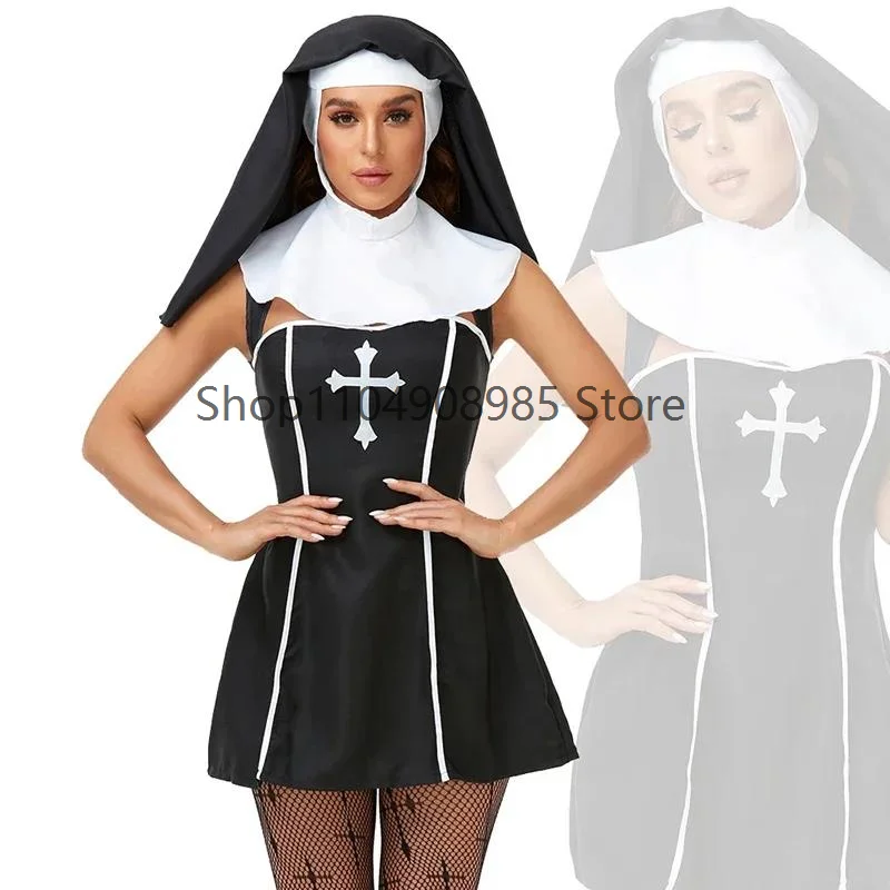 

Halloween nun costume dress headdress short dress cosplay costume vampire clothing printed crucifix cos stage outfit