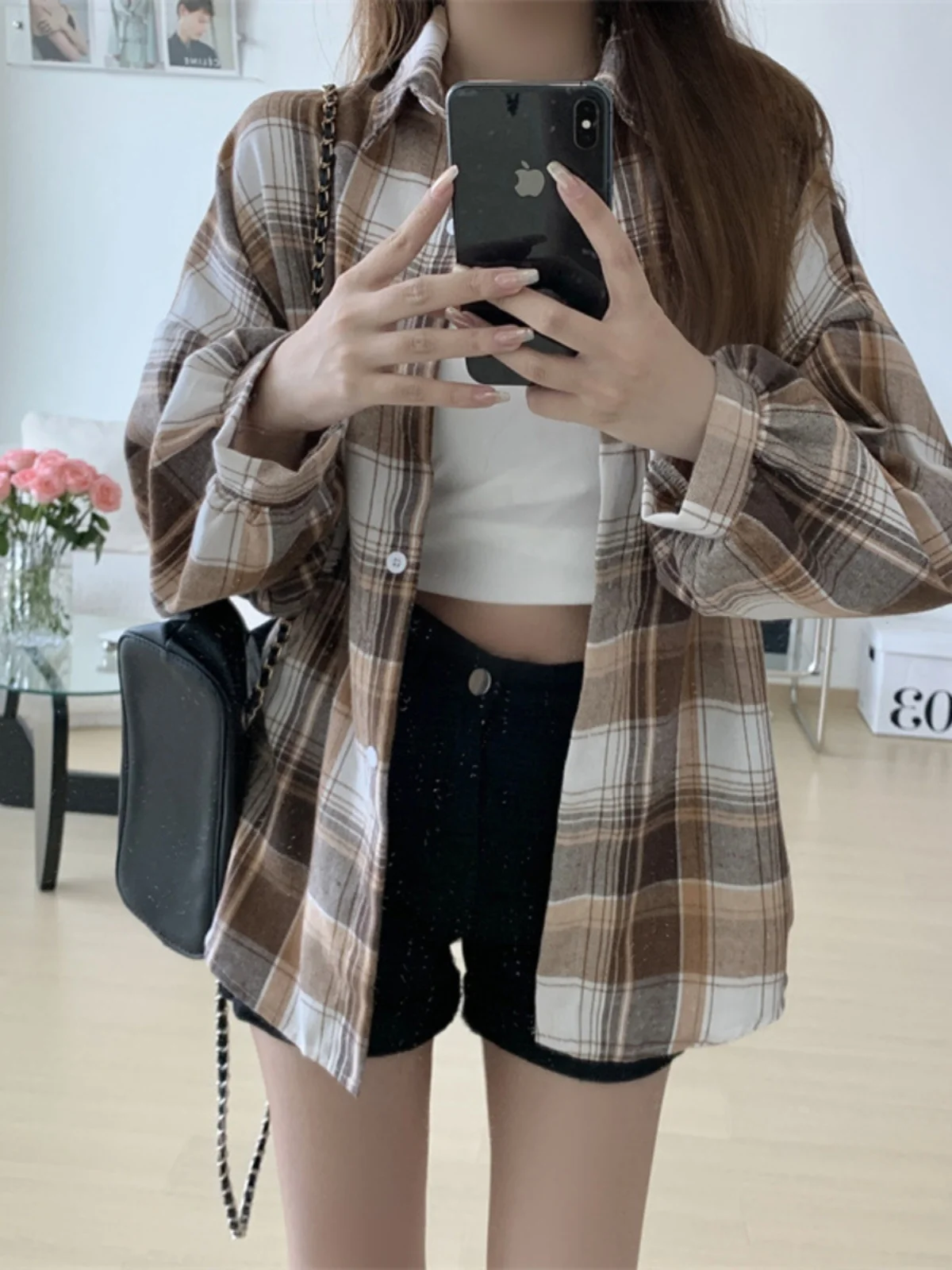 

Women's Thin Plaid Loose Long Sve irt Street Sle Oversized Cheered Print Casual Busin Office Wear Autumn Season