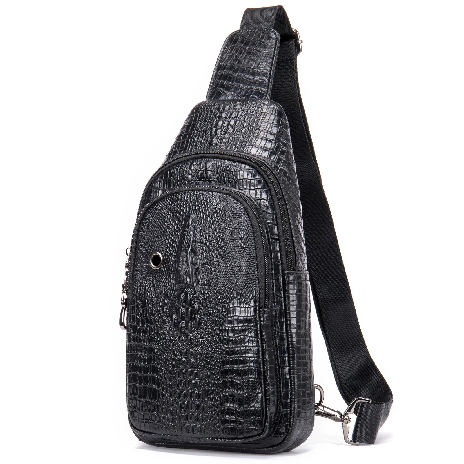 

Cowhide Genuine Leather Crossbody Sling Bag Men Croco Embossing Chest Bag Waterproof Shoulder Bags Black for Traveling