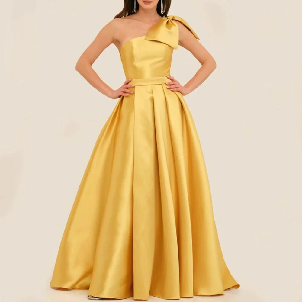 

Flechazo Satin One Shoulder Evening Dress Classic A-Line Floor Length with Bow and Belt Open Back Women Zipper Gowns Custom
