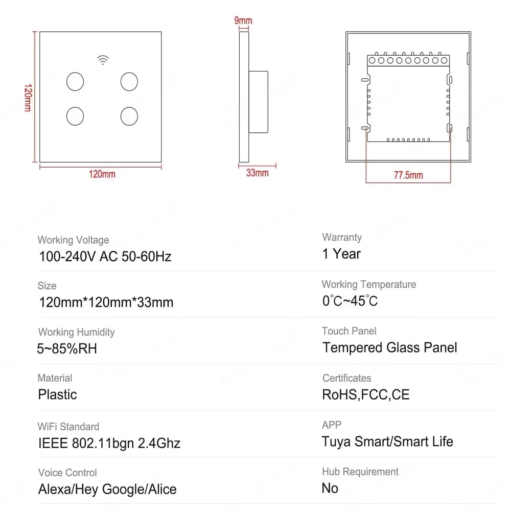 Tuya Wifi Smart Touch Switch Light Brazil 4*4 No Neutral Wire 4/6 Gang RF433 Remote On Off Light Smart Life Alexa Google Home