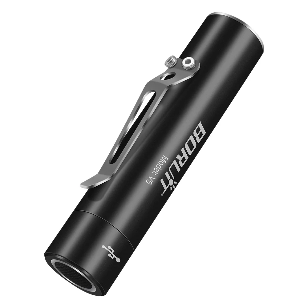 BORUiT V5 LED Portable Mini Flashlight Super Bright Type-C Rechargeable Torch Waterproof UV Work Light Pen Clip Lantern