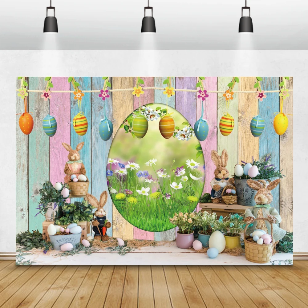 Happy Easter Day Wooden Boards Photography Background Rabbit Eggs Basket Decor Children Party Portrait Photocall Backdrop Banner