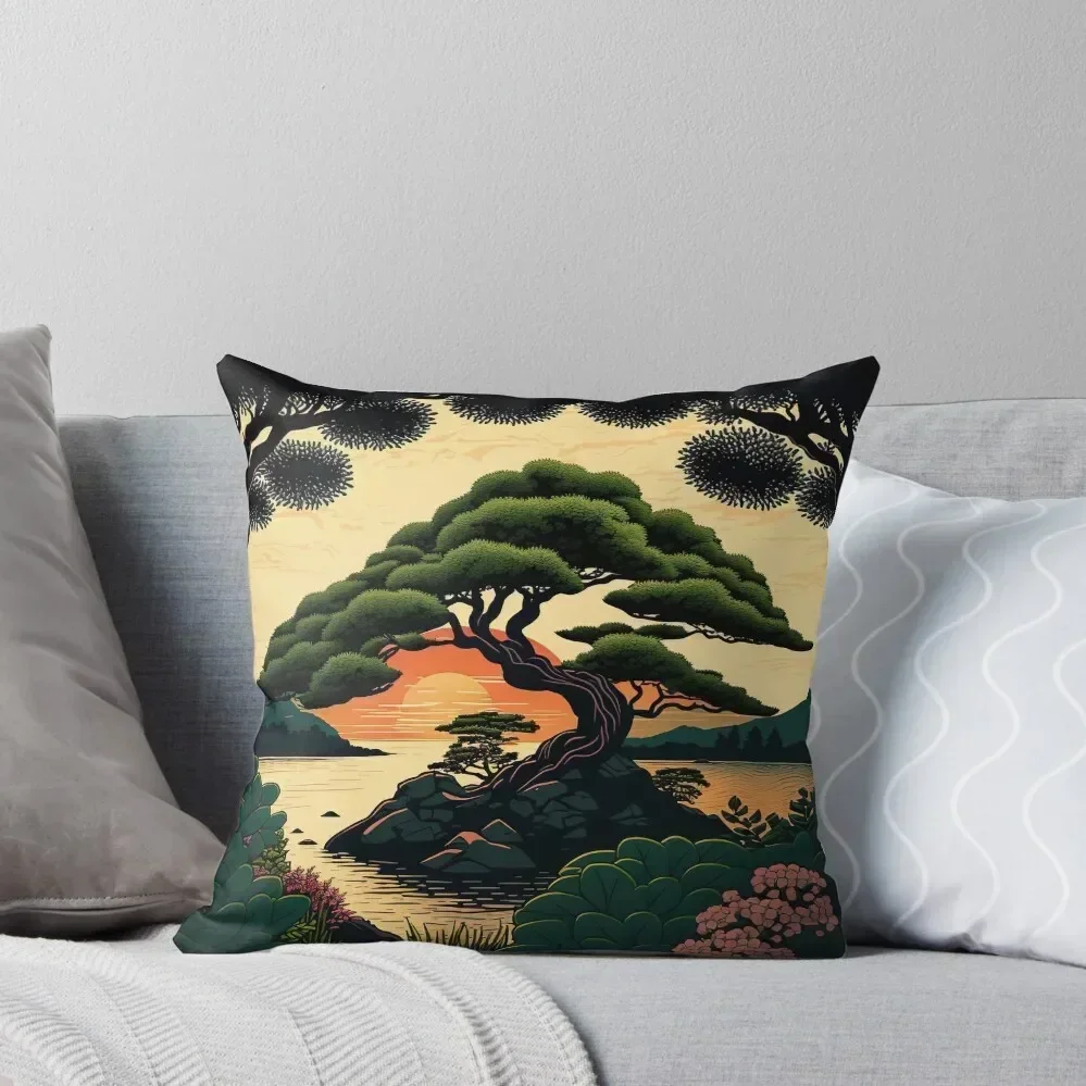 Bonsai Tree Sunset - Japanese Ukiyo-e style Throw Pillow Pillows Aesthetic Bed pillowcases Ornamental Pillow pillow