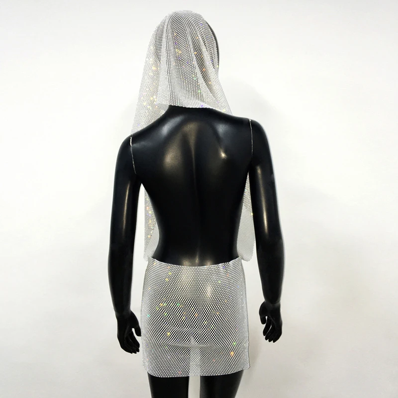 Damen Strass-Netzkleid mit Kapuze, sexy Kristall-Fischnetz-Zweiteiler-Set, Rock-Set für Nachtclub, Party, Festival, Rave-Outfits, Kleid für Damen – Detail 12