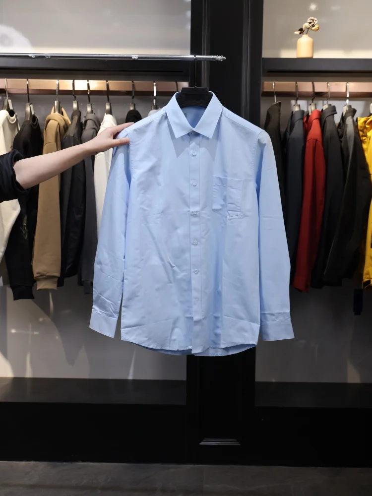 

Мужская повседневная рубашка Homesi Spring: однотонная, с текстурой, синяя, длинный рукав, формальный стиль, охлаждающий эффект, приталенный крой, для мужчин среднего возраста