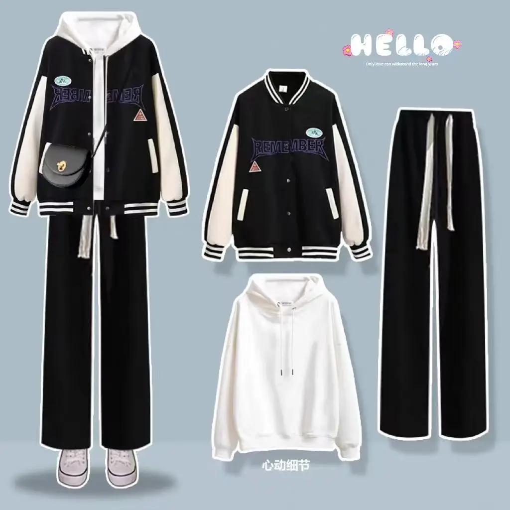 Autumn and Winter Suit Women's Korean Version Loose Baseball Uniform Coat+casual Pants College Style Three Piece Suit