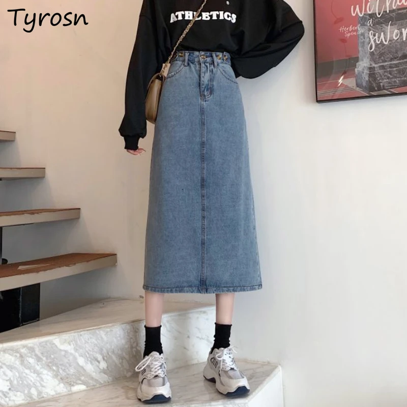 

Denim Skirts Women Elegant Empire Daily Slit Tender Korean Style Midi Stylish Girls All-match Summer Sweet Basic Fashion Design