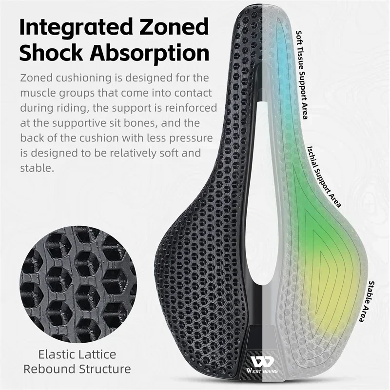 WEST BIKING Full T700 Carbon Fiber Saddle 3D Printed Variable Density Honeycomb Resin Seat Professional Racing Bicycle Saddle