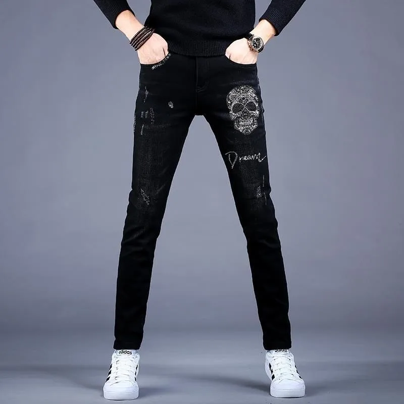 

New arrive light luxury men’s black jeans pants,trendy Korea style slim pants,skull decoration street pants,Cool casual jeans