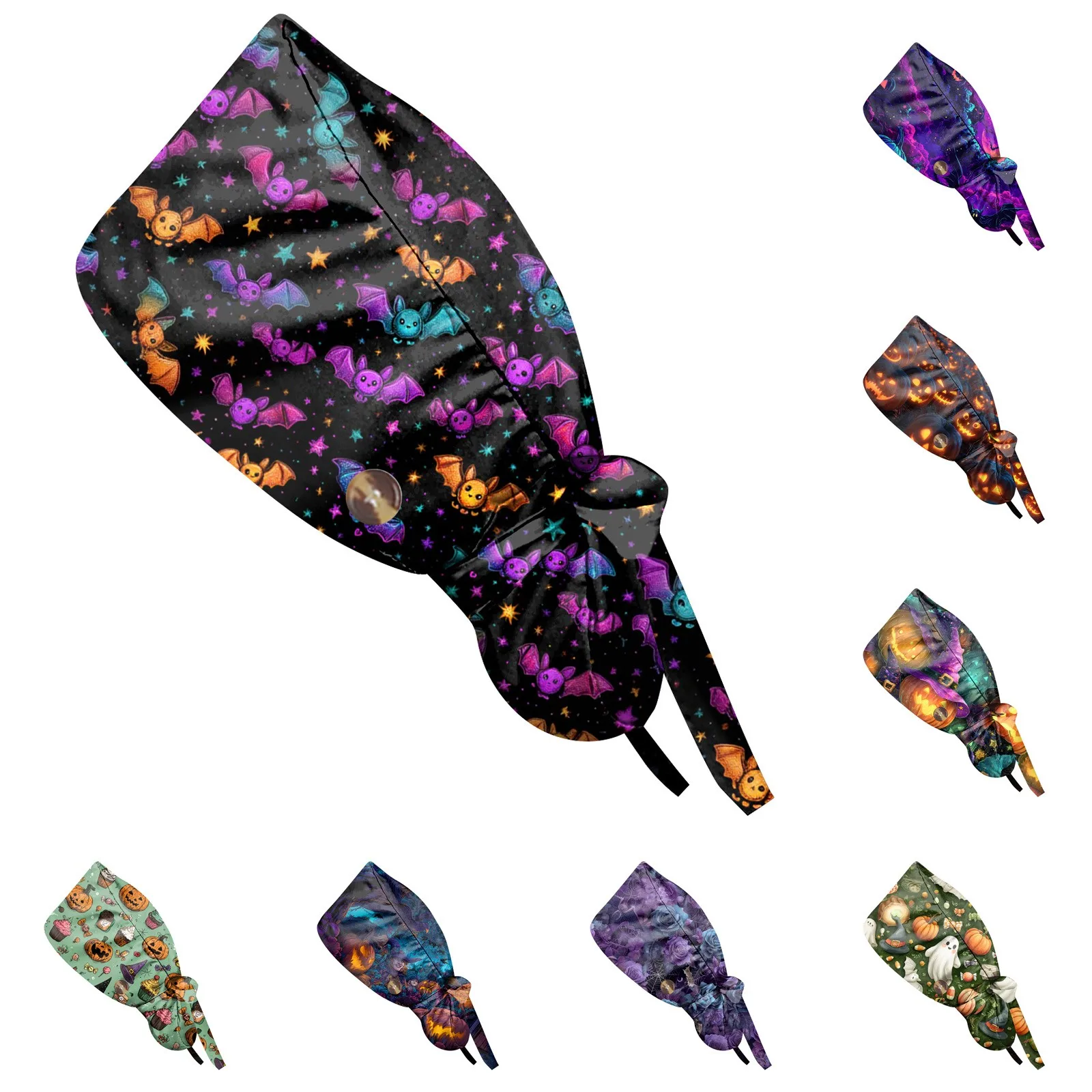 ハロウィンプリント医療スクラブキャップナース手術帽子綿タイバックストラップ病院獣医医師歯科医スカルキャップ